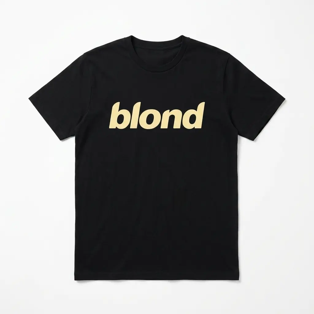 Black t-shirt with 'blond' in a stylized light yellow, italicized font across the chest.