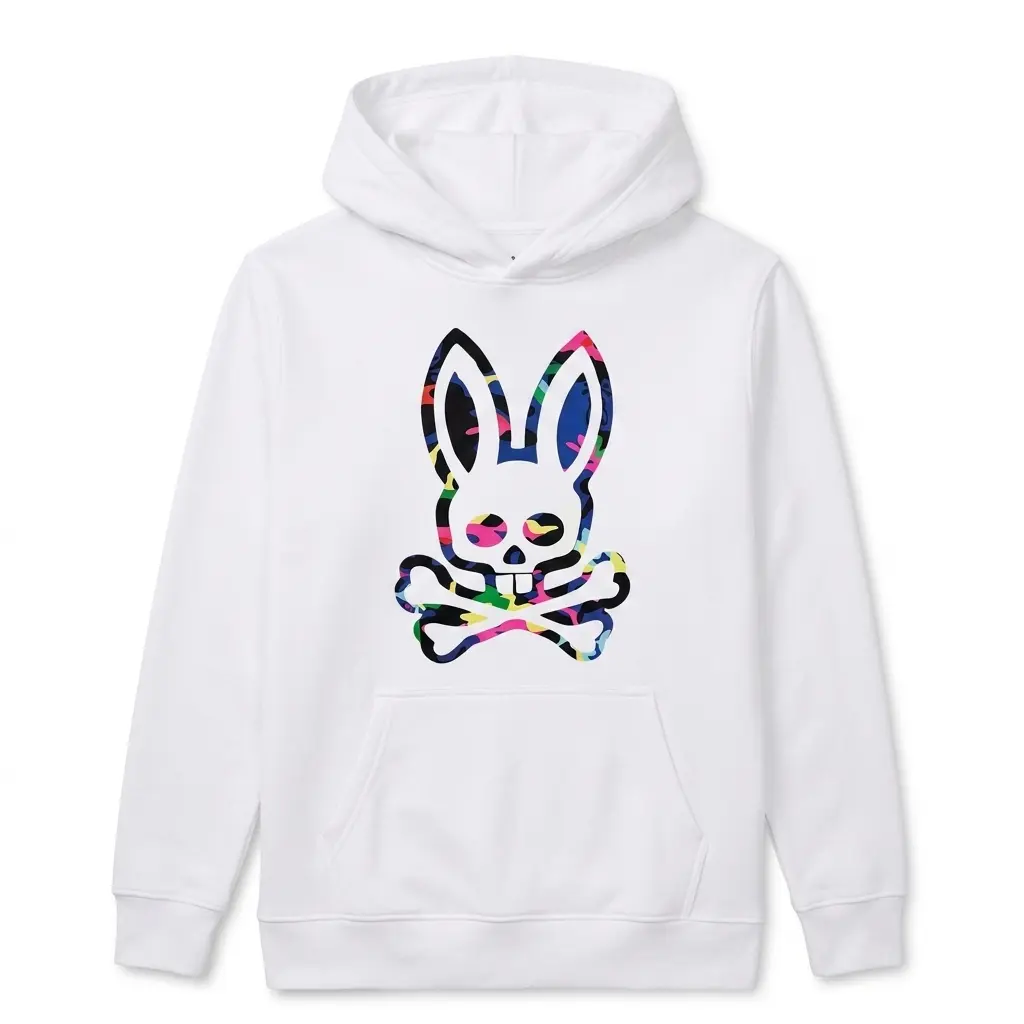 Retro Colorful Camo Bunny Skull T-Shirt 2 Front view of T-shirt with colorful bunny skull motif.