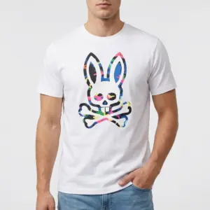 Retro Colorful Camo Bunny Skull T-Shirt 8 Close-up of vibrant camo bunny skull on T-shirt.