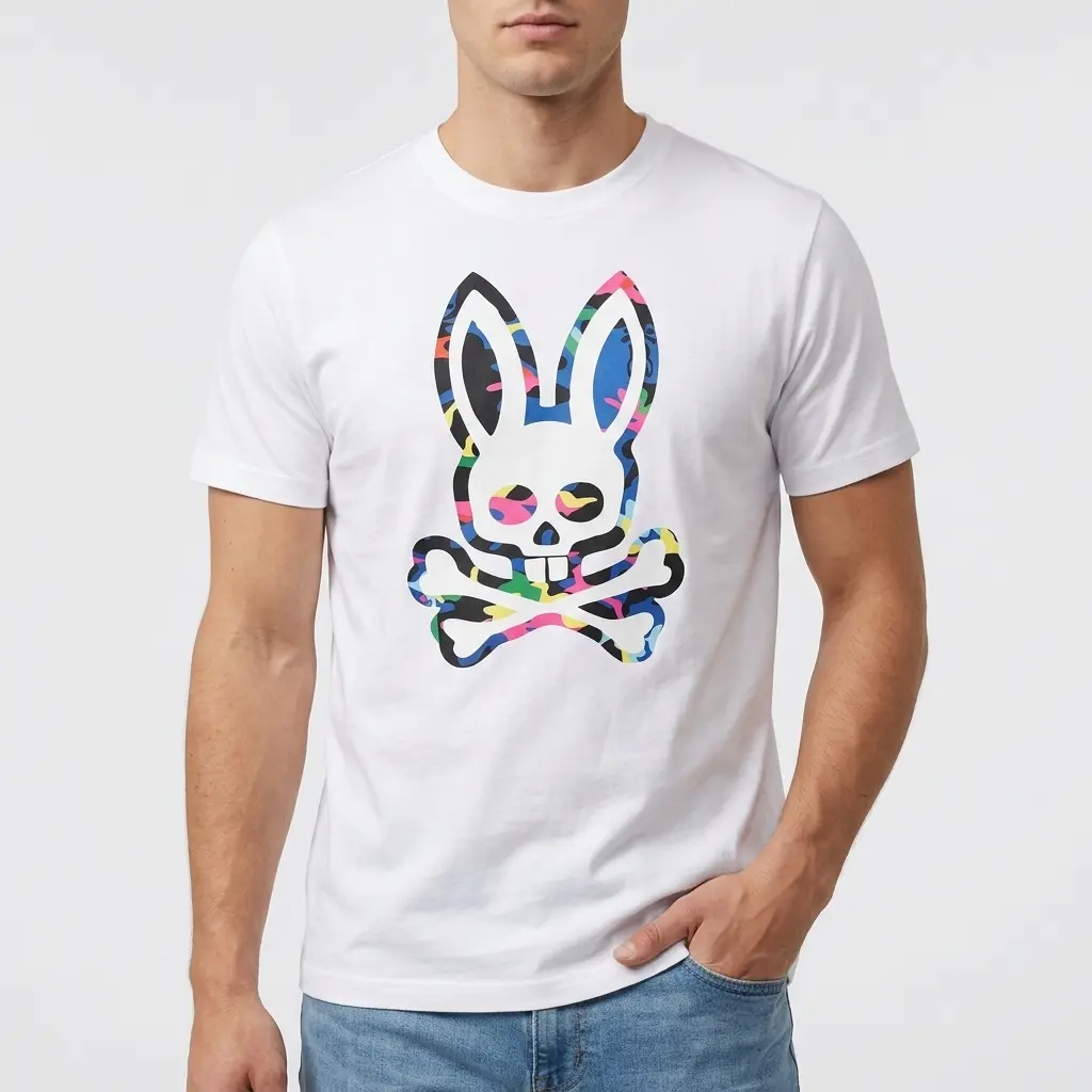 Retro Colorful Camo Bunny Skull T-Shirt 3 Close-up of vibrant camo bunny skull on T-shirt.