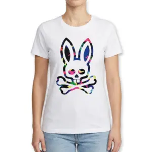 Retro Colorful Camo Bunny Skull T-Shirt 9 Detailed view of camo design on T-shirt.