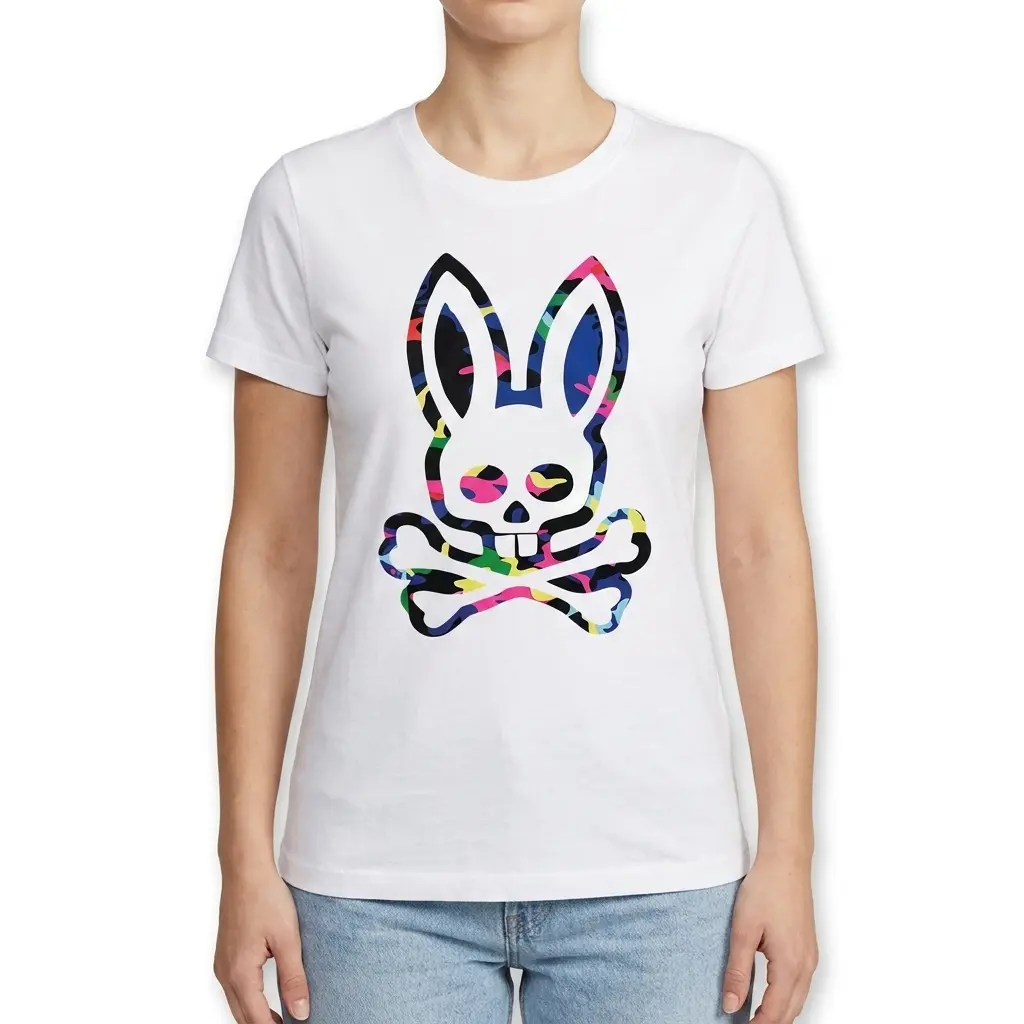 Retro Colorful Camo Bunny Skull T-Shirt 4 Detailed view of camo design on T-shirt.