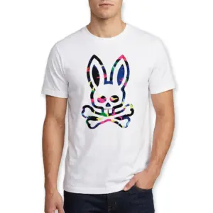 Retro Colorful Camo Bunny Skull T-Shirt 10 White T-shirt showcasing colorful skull bunny art.