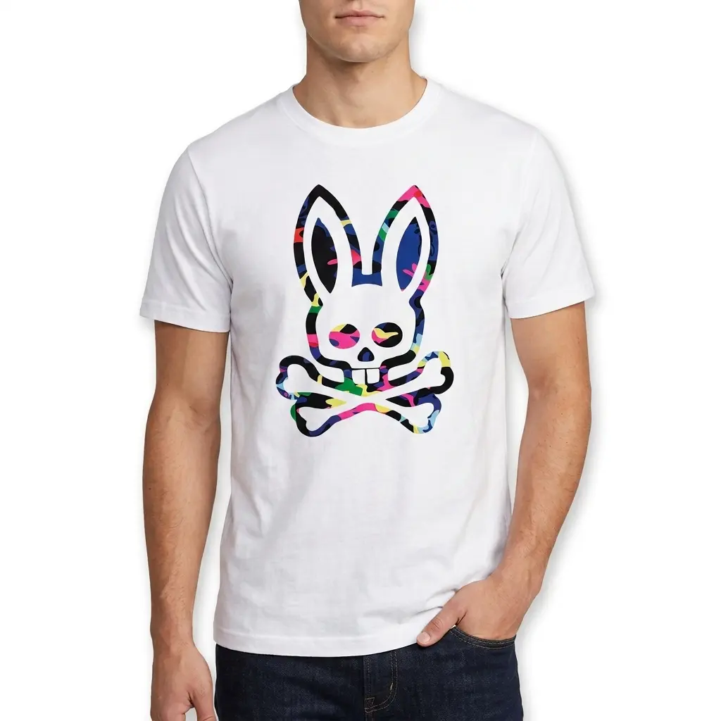 Retro Colorful Camo Bunny Skull T-Shirt 5 White T-shirt showcasing colorful skull bunny art.