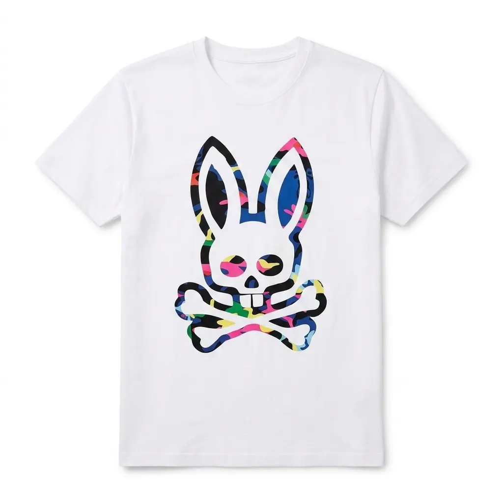 Retro Colorful Camo Bunny Skull T-Shirt 1 White T-shirt featuring a colorful camo bunny skull design.