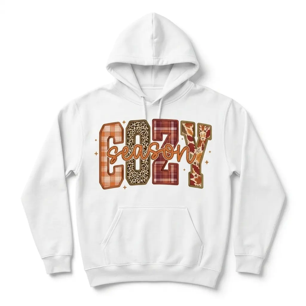 Retro Cozy Season Autumn Graphic T-Shirt 2 Close-up of 'Cozy Season' text with autumnal patterns.