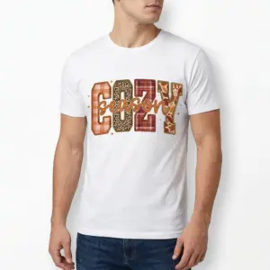 Retro Cozy Season Autumn Graphic T-Shirt 10 Detail of patterned 'Cozy Season' text on T-shirt.