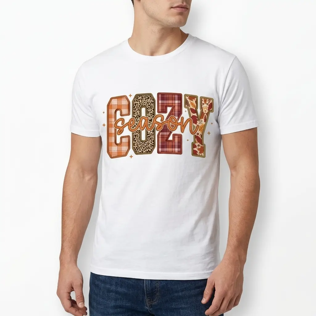 Retro Cozy Season Autumn Graphic T-Shirt 5 Detail of patterned 'Cozy Season' text on T-shirt.