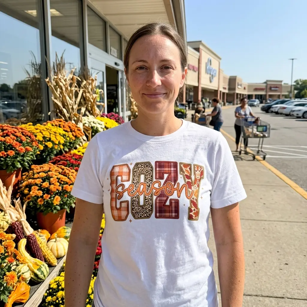 Retro Cozy Season Autumn Graphic T-Shirt 6 Model wearing T-shirt with 'Cozy Season' graphic.