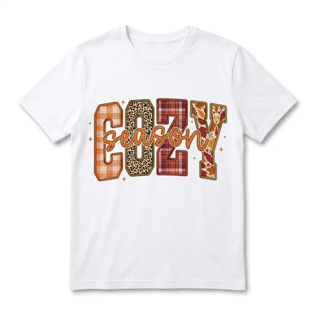 Retro Cozy Season Autumn Graphic T-Shirt 1 White T-shirt with 'Cozy Season' in mixed patterns.