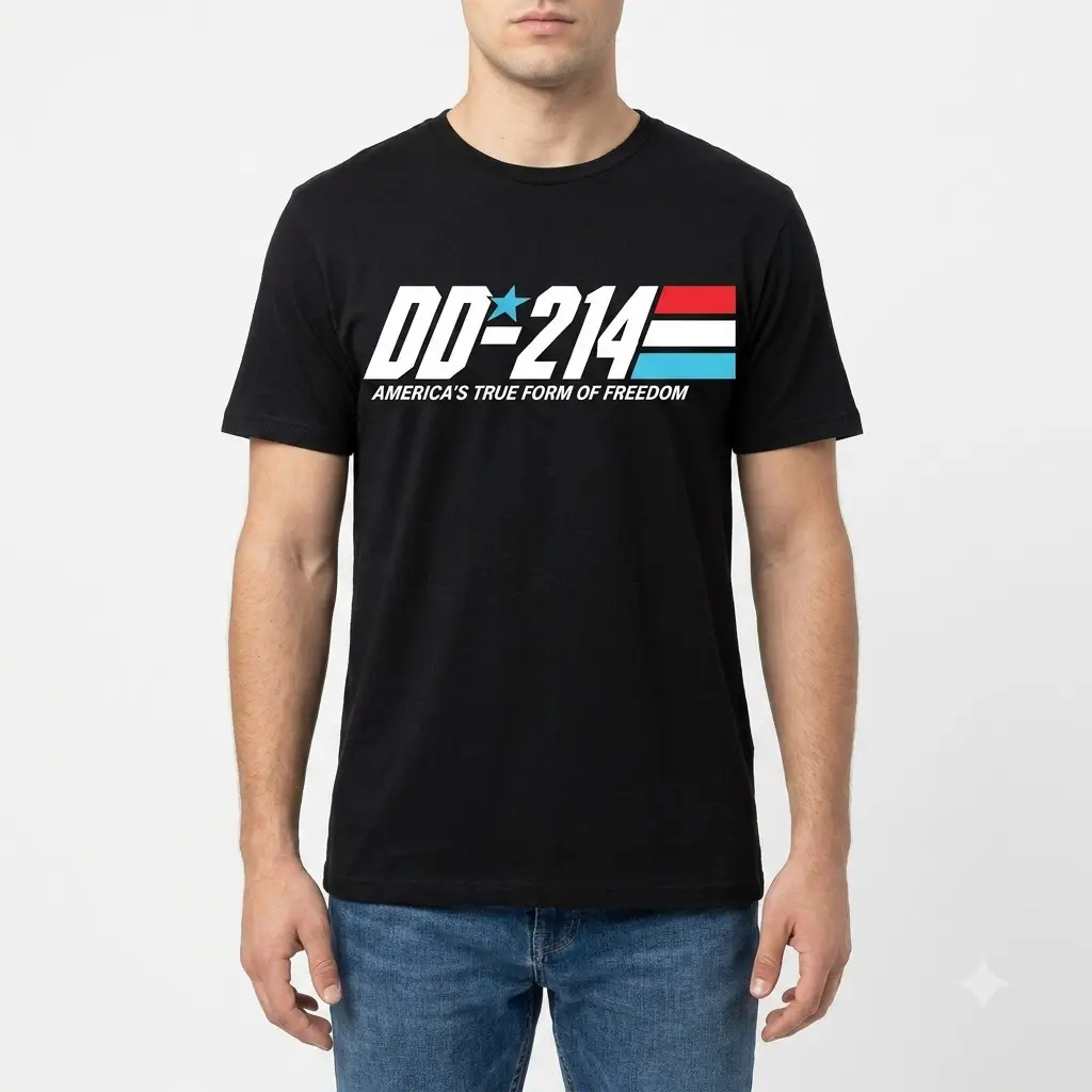 Retro DD-214 Freedom Veteran Graphic T-Shirt 4 Male model wearing a DD-214 veteran t-shirt, front view.