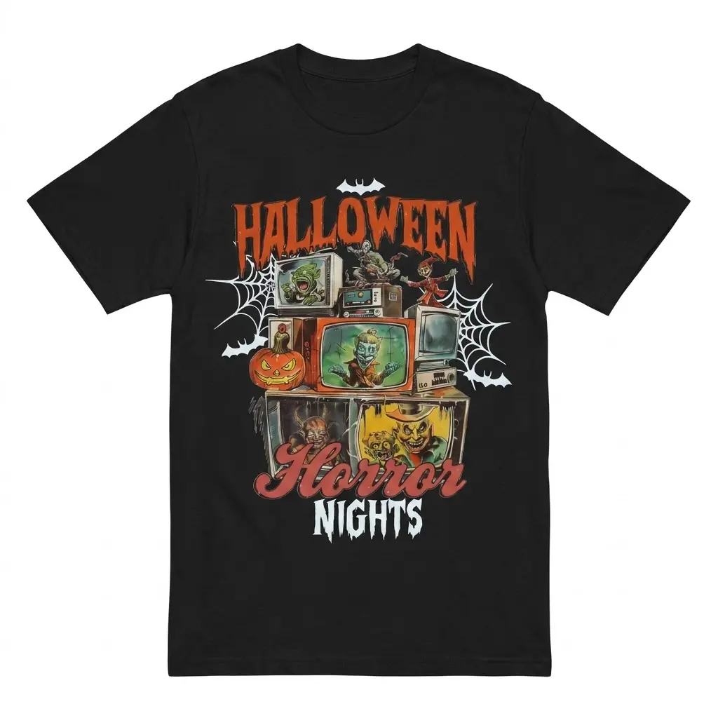 Retro Halloween Horror Nights T-Shirt 1 Black t-shirt with retro Halloween horror design featuring vintage TV and characters.