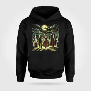 Retro Halloween Monster Trio T-Shirt 7 Black hoodie featuring a retro Halloween monster scene on the front.