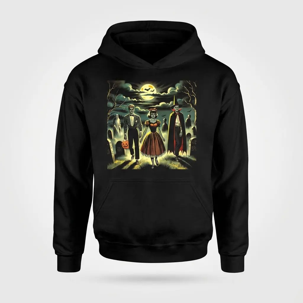 Black hoodie featuring a retro Halloween monster scene on the front.