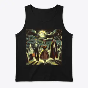 Retro Halloween Monster Trio T-Shirt 8 Black tank top showcasing a retro Halloween monster trio illustration.