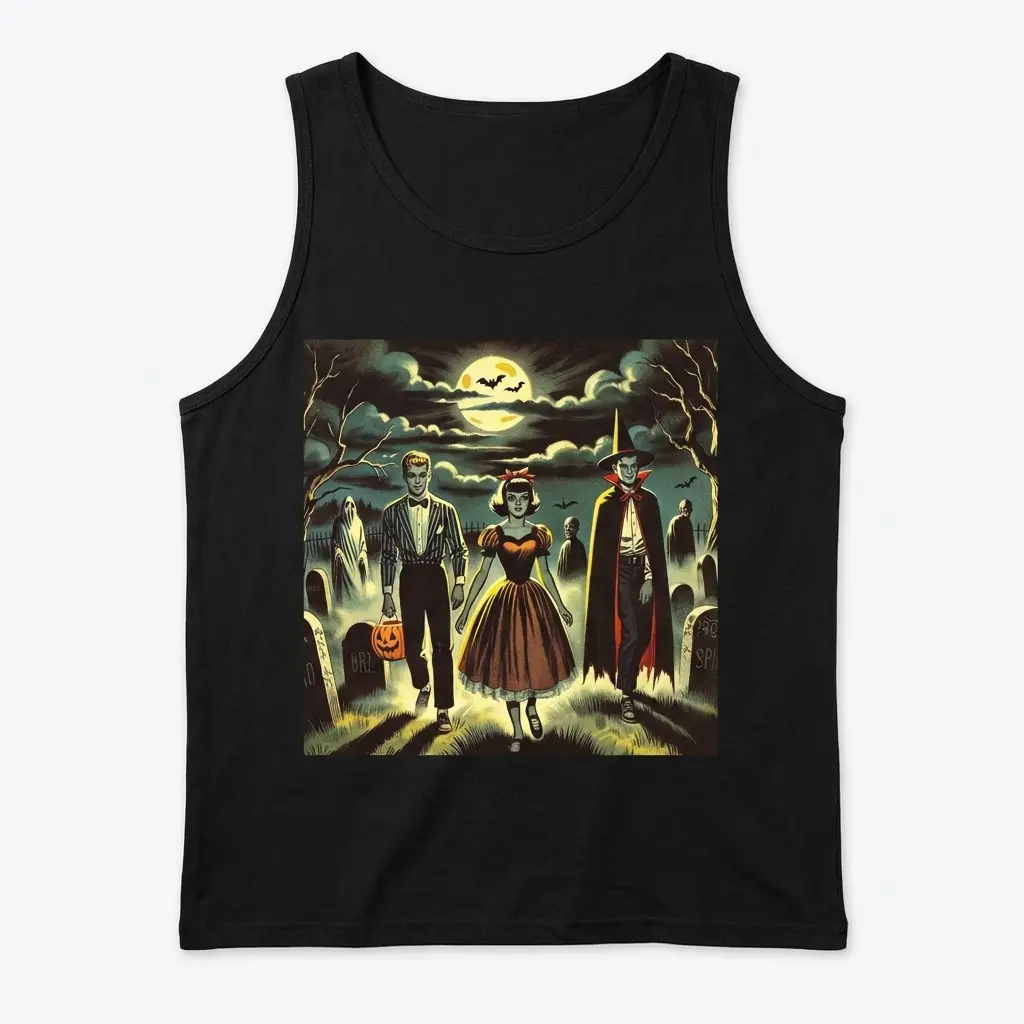 Black tank top showcasing a retro Halloween monster trio illustration.