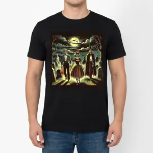 Retro Halloween Monster Trio T-Shirt 9 Man wearing a black t-shirt with a retro Halloween monster design.