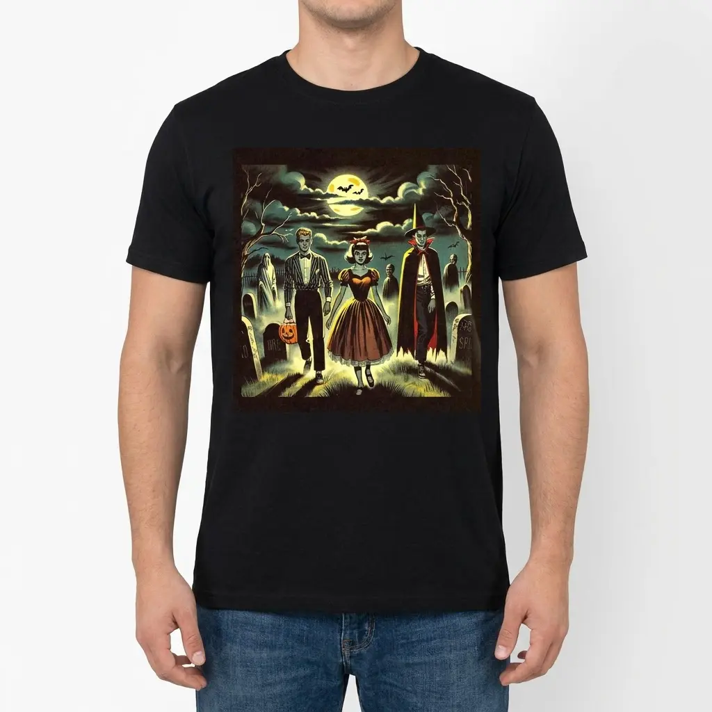 Man wearing a black t-shirt with a retro Halloween monster design.