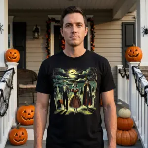 Retro Halloween Monster Trio T-Shirt 10 Person wearing the retro Halloween monster t-shirt in a casual setting.
