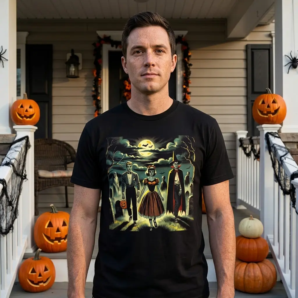 Person wearing the retro Halloween monster t-shirt in a casual setting.