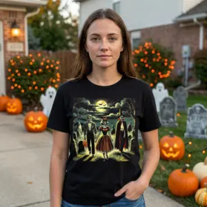 Retro Halloween Monster Trio T-Shirt 11 Individual in a relaxed environment wearing the Halloween monster t-shirt.