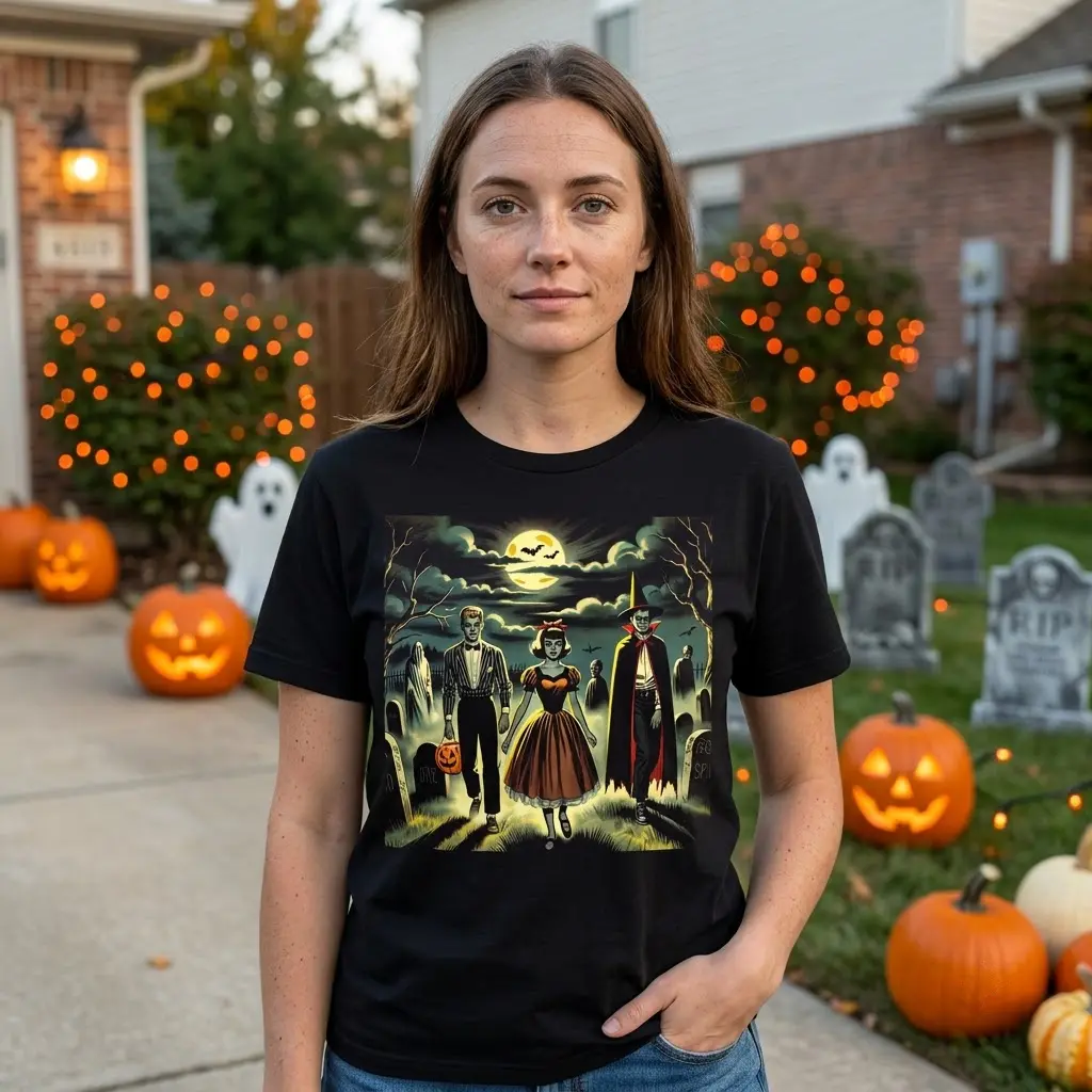Individual in a relaxed environment wearing the Halloween monster t-shirt.