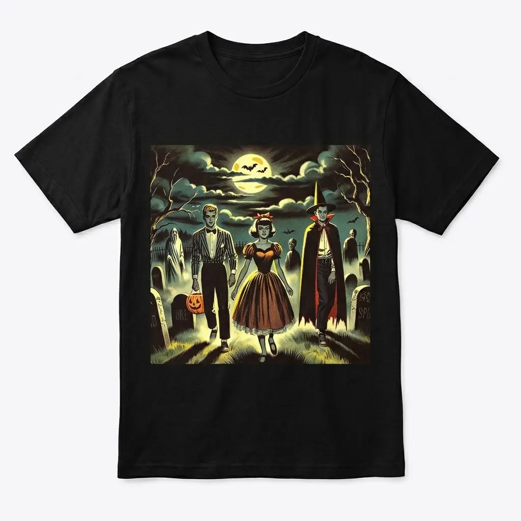Black t-shirt with retro Halloween monster trio design.
