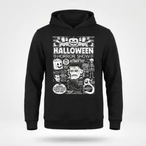 Retro Halloween Monsters Horror Show T-Shirt 7 Black hoodie with the Halloween Horror Show design, depicting classic monsters, gravestones, and playful spooky text on a flat surface.