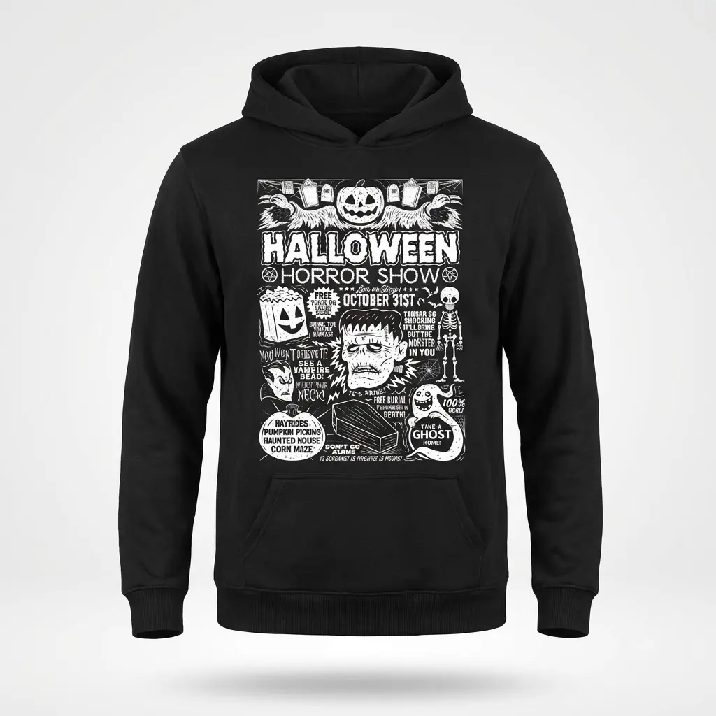 Black hoodie with the Halloween Horror Show design, depicting classic monsters, gravestones, and playful spooky text on a flat surface.