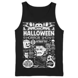 Retro Halloween Monsters Horror Show T-Shirt 8 Black tank top displaying a vintage-style Halloween graphic with a pumpkin, Frankenstein's monster, ghost, and "Horror Show" text, flatlay view.