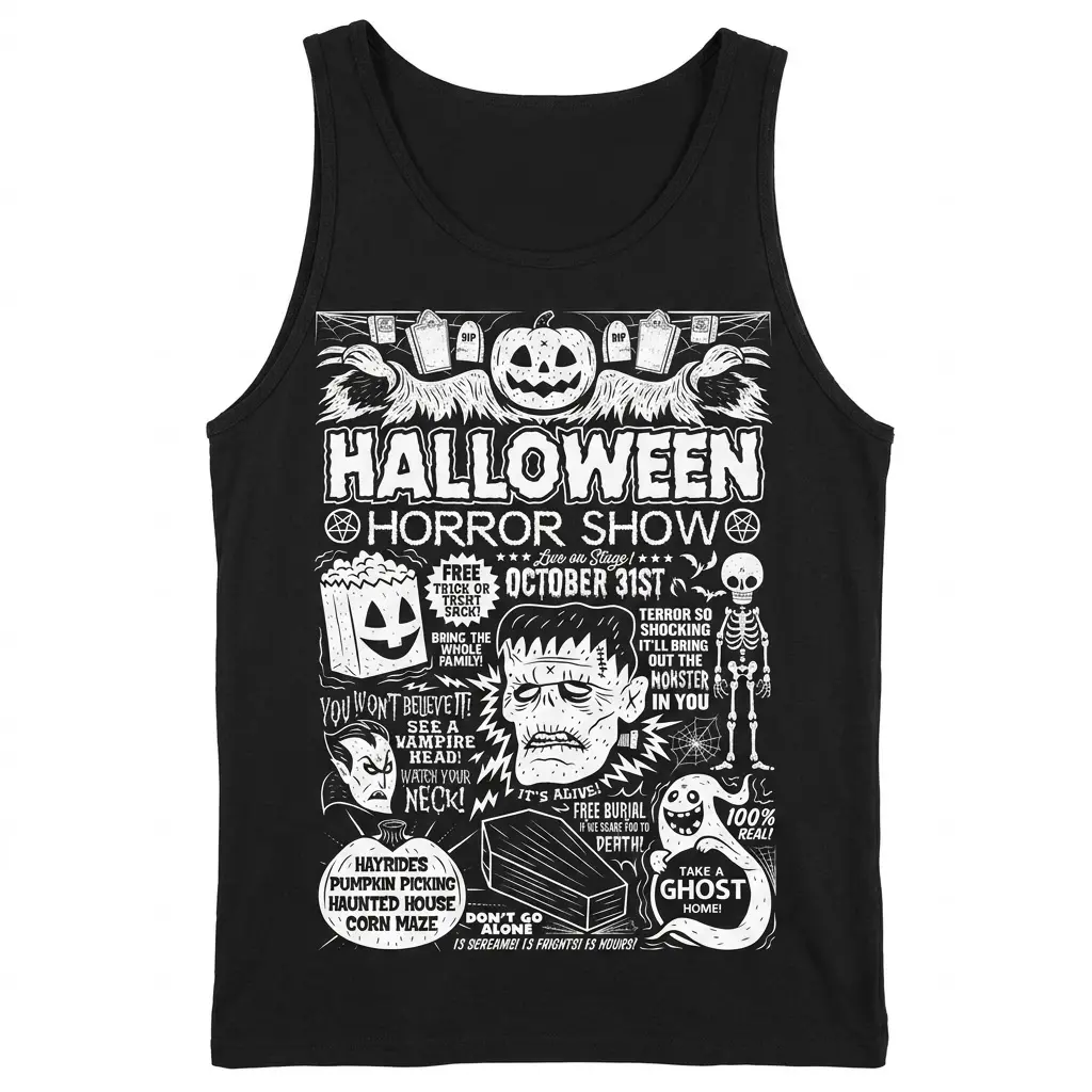 Black tank top displaying a vintage-style Halloween graphic with a pumpkin, Frankenstein's monster, ghost, and "Horror Show" text, flatlay view.