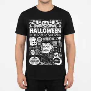 Retro Halloween Monsters Horror Show T-Shirt 9 Man wearing a black Retro Halloween Monsters Horror Show t-shirt featuring a humorous spooky graphic with monsters, gravestones, and bold text.