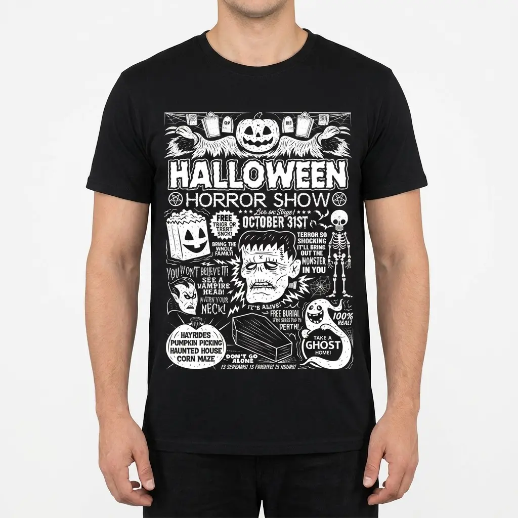 Man wearing a black Retro Halloween Monsters Horror Show t-shirt featuring a humorous spooky graphic with monsters, gravestones, and bold text.
