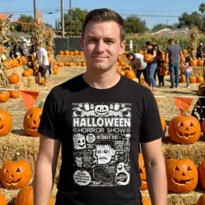 Retro Halloween Monsters Horror Show T-Shirt 10 A black garment featuring the Halloween Horror Show graphic, highlighting the detailed retro artwork of Frankenstein, a ghost, and spooky fun.