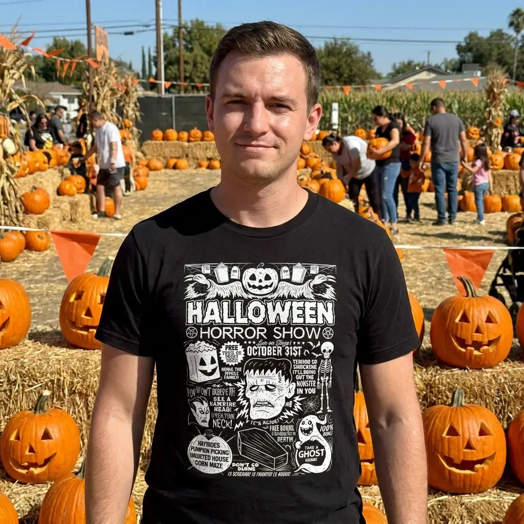A black garment featuring the Halloween Horror Show graphic, highlighting the detailed retro artwork of Frankenstein, a ghost, and spooky fun.