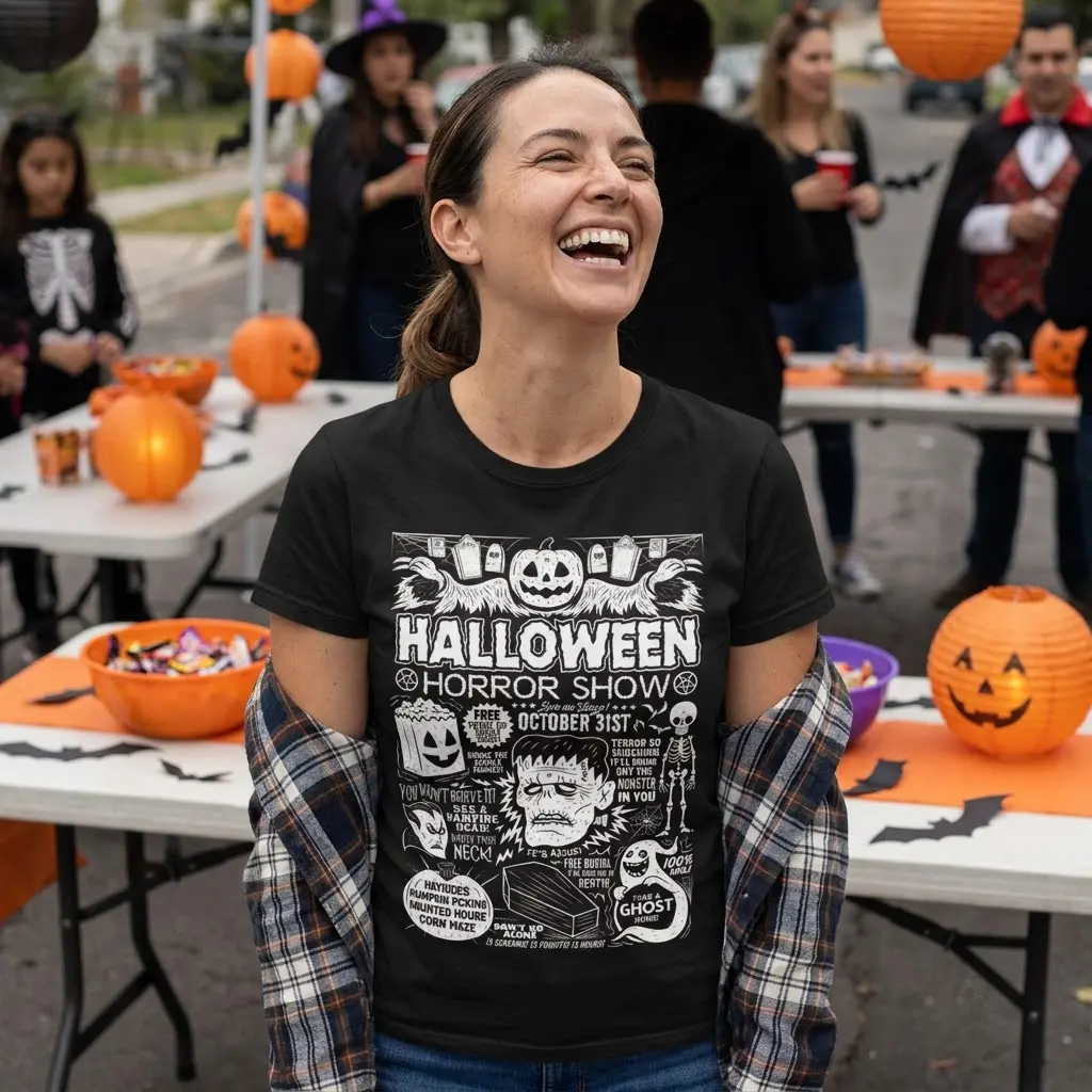 Close-up of the Halloween Horror Show design printed on a black product, showcasing the detailed vintage monster illustrations and playful messaging.