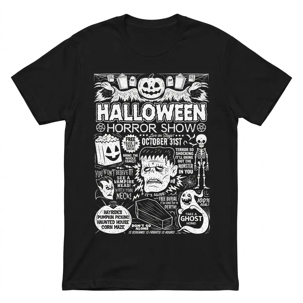 Black Halloween Horror Show t-shirt featuring a retro graphic with Frankenstein, a vampire, skeleton, ghost, and spooky text on a flatlay.