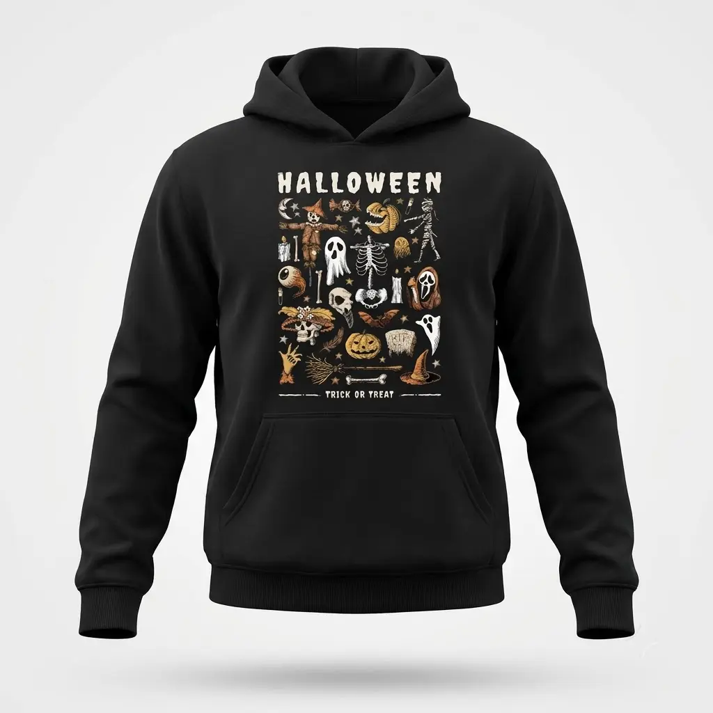 Black flat lay hoodie displaying a full front print of a vintage Halloween collage, including pumpkins, ghosts, mummy, and "TRICK OR TREAT".