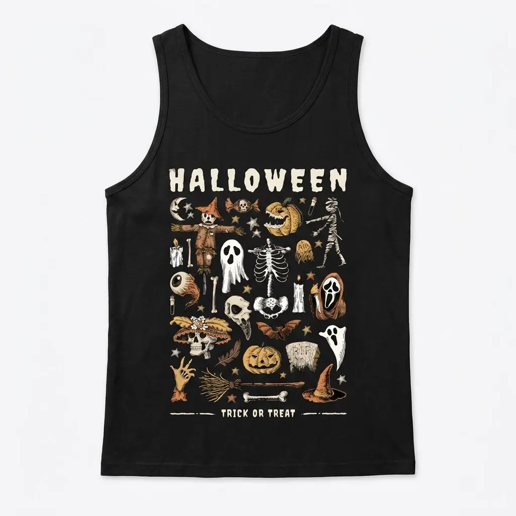 Black flat lay tanktop showcasing a retro Halloween icon collage print with a skull, witch's hat, and "HALLOWEEN" text.