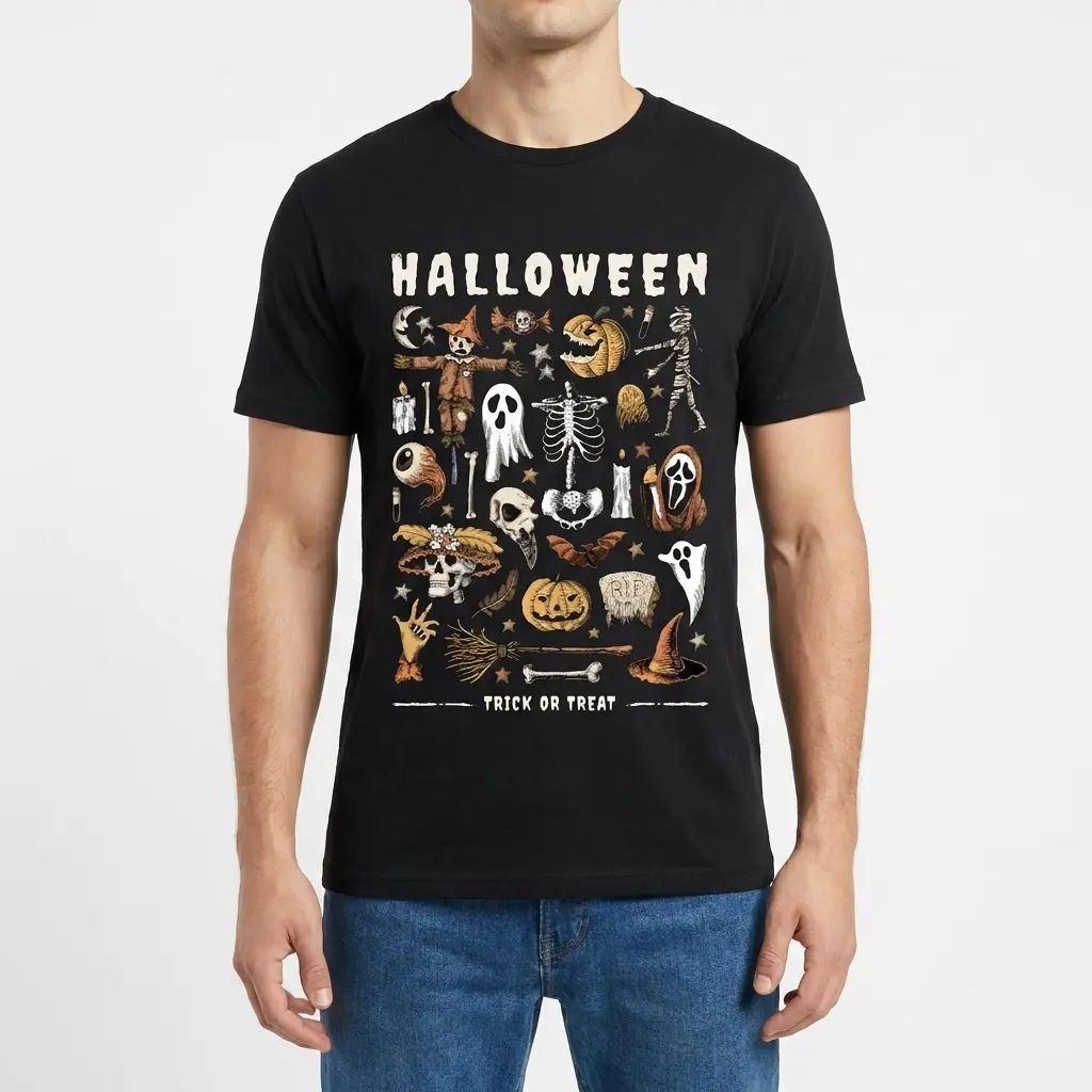 Front view of a man wearing a black t-shirt printed with a detailed retro Halloween collage of classic spooky season icons.