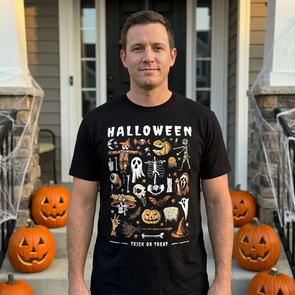 The dense retro Halloween icon collage design, celebrating spooky season with a playful mix of classic horror and trick-or-treat elements.