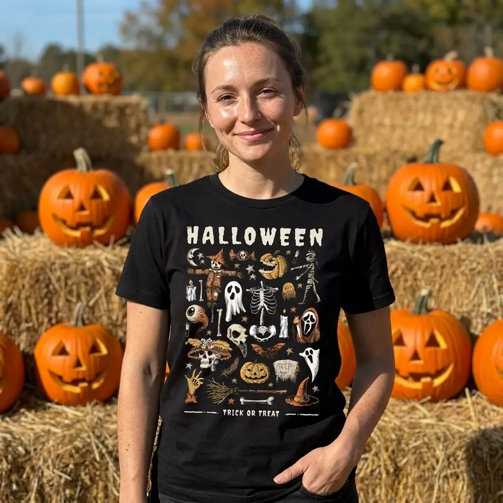 Detailed vintage Halloween graphic design, featuring a nostalgic collection of spooky icons perfect for seasonal streetwear fans.