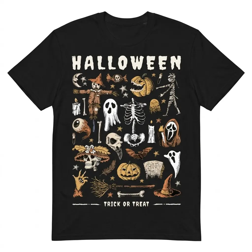 Black flat lay t-shirt featuring a dense retro Halloween collage with icons like a scarecrow, ghost, skeleton, and "HALLOWEEN" text.
