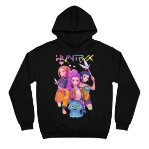 Retro Huntrxx Anime Girl Graphic T-Shirt 7 Close-up view of a t-shirt design showcasing a colorful anime group with a cheerful cat below them.