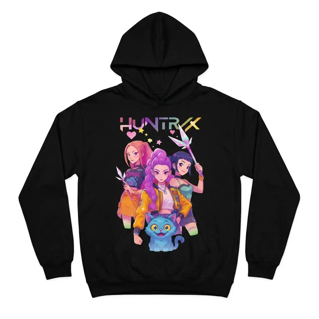 Retro Huntrxx Anime Girl Graphic T-Shirt 2 Close-up view of a t-shirt design showcasing a colorful anime group with a cheerful cat below them.