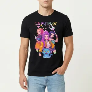 Retro Huntrxx Anime Girl Graphic T-Shirt 8 Detail of the anime girl graphic t-shirt highlighting stylish poses and intricate character details.