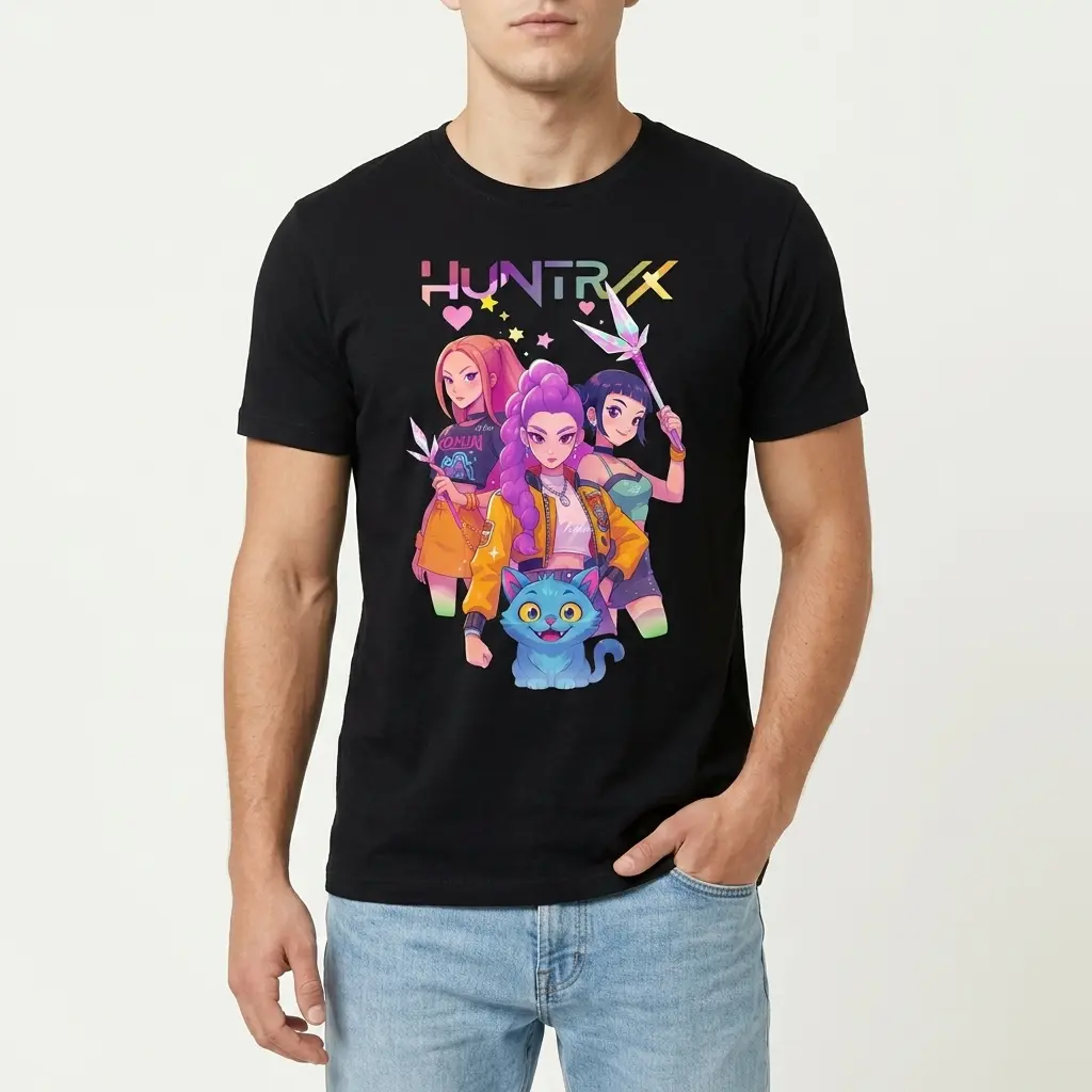 Retro Huntrxx Anime Girl Graphic T-Shirt 3 Detail of the anime girl graphic t-shirt highlighting stylish poses and intricate character details.