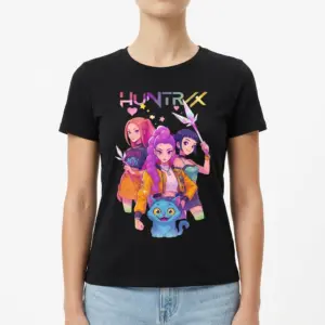 Retro Huntrxx Anime Girl Graphic T-Shirt 9 The t-shirt displays a lively illustration of anime characters, set against a solid black background.