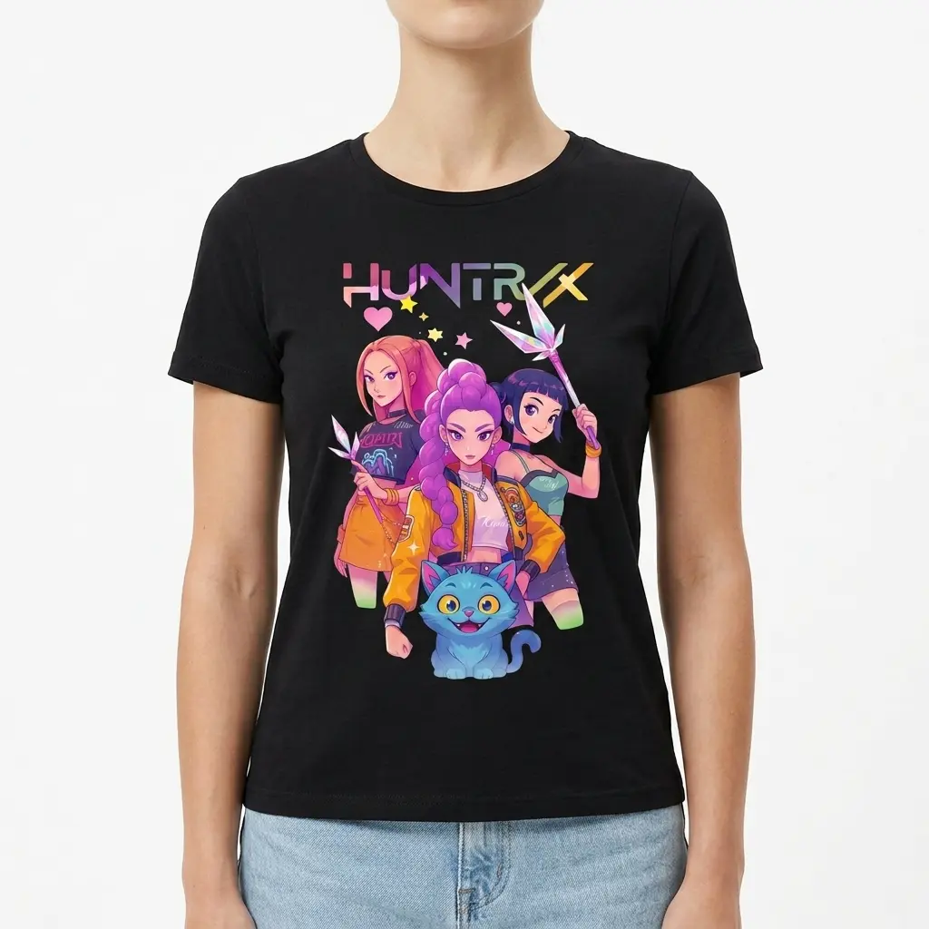 Retro Huntrxx Anime Girl Graphic T-Shirt 4 The t-shirt displays a lively illustration of anime characters, set against a solid black background.
