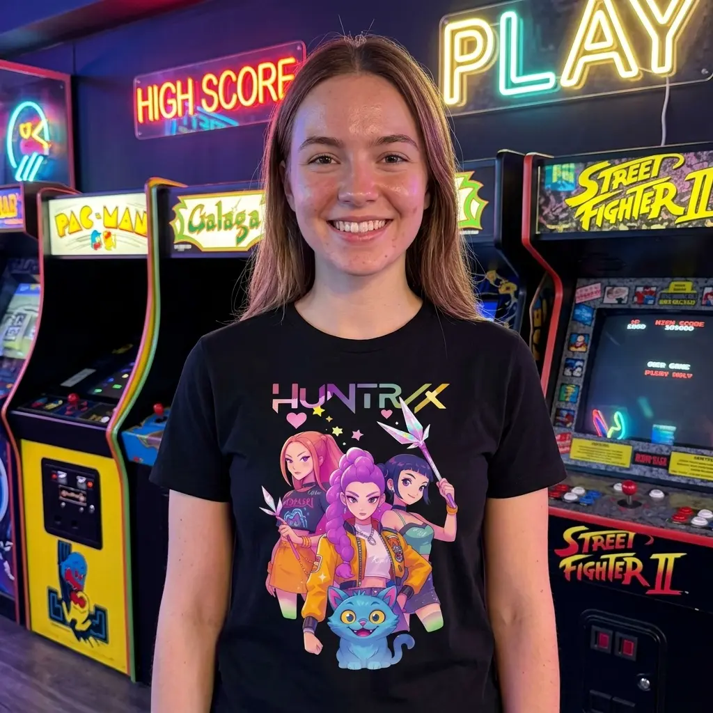 Retro Huntrxx Anime Girl Graphic T-Shirt 6 Person wearing the retro anime girl graphic t-shirt in an outdoor setting, showcasing casual style.